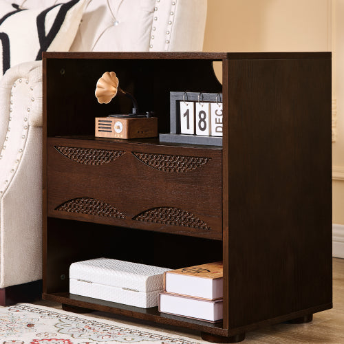 Mid Century Modern Rattan Nightstand with Charging Station USB Ports & Outlet Hole & 4 Solid Wood Bases, Farmhouse End Table with Open Space and Drawer Dresser, Walnut