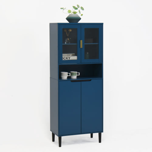 Navy Blue 4-Door Adjustable Tempered Glass Tall Storage Bookcase Cabinet