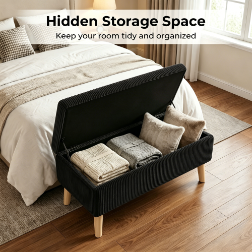 32 inch Corduroy Storage Ottoman Bench with Flip Top & Wood Legs