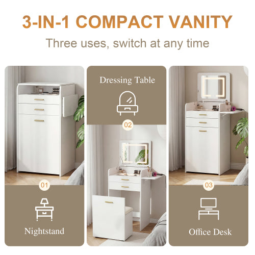 Flip-top Vanity Table,Compact/Mini Vanity,Mirror-integrated Dressing Table,All-in-one Storage Cabinet,Makeup Vanity Set with Stool