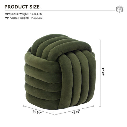 Green Chenille Knot Design Ottoman, Wooden Frame Foot Stool 19.29 inch, 250 LBS Fully Assembled