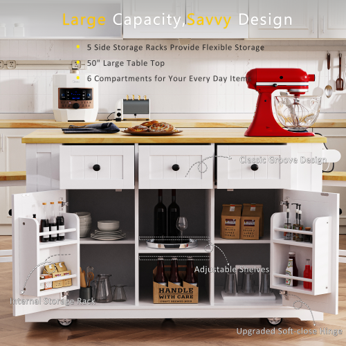 53inch Large Kitchen Island with Drop Leaf, Power Outlet, Door Internal Storage Rack, Rolling Kitchen Cart on 5 Wheels with 5 Open Side Racks for Kitchen, Dining Room,White(Not include bar stools)