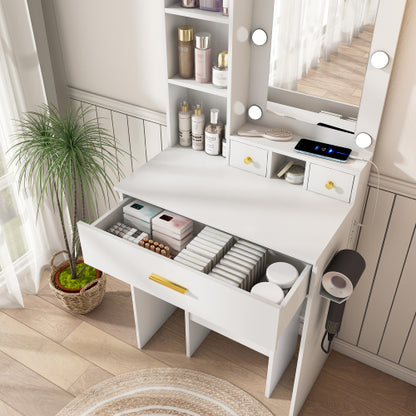 Vanity Table with Mirror & Adjustable LED Lights, Power Outlet, Hairdryer Holder & Stool ¨C Compact Dressing Desk for Small Bedrooms(White)