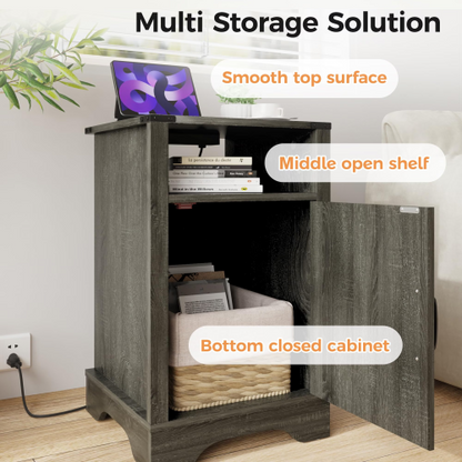 Farmhouse Nightstand with Charging Station, Rustic End Table with Storage Cabinet, Dark Grey