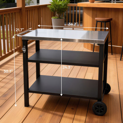 3-Tier Outdoor Grill Cart with Stainless Steel Top, Movable BBQ Prep Table with Wheels, Rolling Serving Bar Cart for Patio, Backyard, Pizza Oven Stand, Black