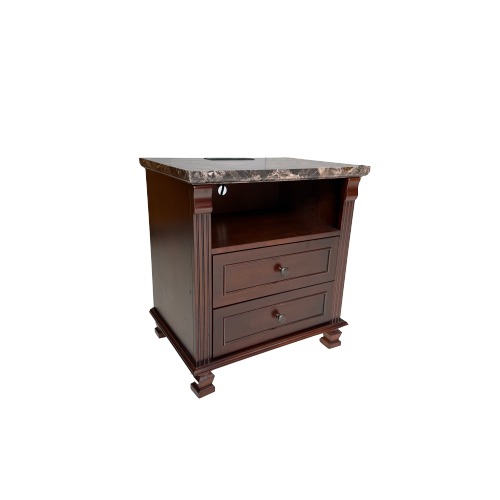 Walnut Tall Nightstand with Charging Station, Marble Grain 2-Drawer Bedside Table for Bedroom & Living Room
