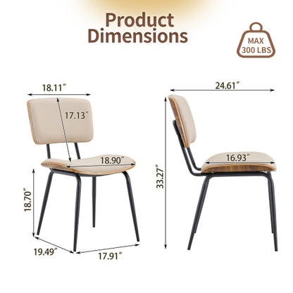Mid-Century Faux Leather Dining Chairs Set of 2, Walnut Veneer Backrest & Metal Legs, White