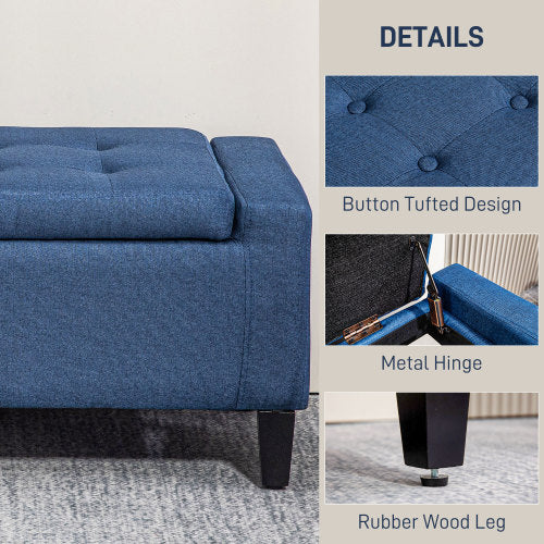 Storage Ottoman, Linen Upholstered Storage Bench with Lift Top and Button Tufted for Living Room, Dark Blue