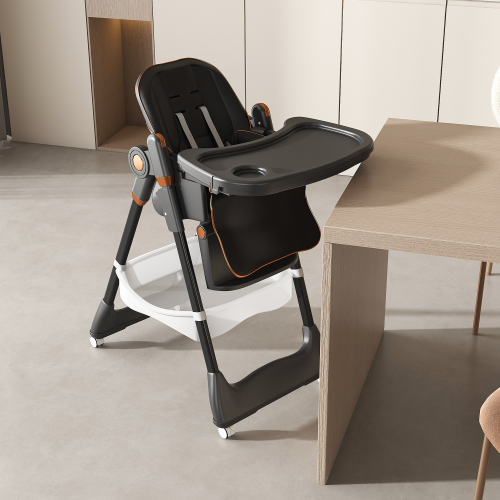 Black Foldable Baby High  Dining  Chair for 0-6 Years, 5 Height Adjustable, 5-Point Safety Belt, Lockable Wheels