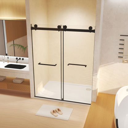 Frameless Double Sliding Shower Door 56-60 "W x 74" H, 5/16 "(8mm) Tempered Glass, Explosion Proof Film, Stainless Steel Handle, Square Tube Track, Matte Black