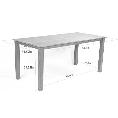 A wooden-textured imitation wood dining table, simple yet with a high quality feel. It has a small tabletop and is perfect for outdoor picnics. Light gray color, 68.9 inches long.