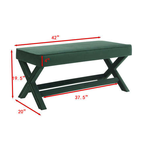Comfort Double Bench Upholstered in Velvet Fabric,Stool with Stylish X-Crossed Legs,Comfort Cushion with piping,Velvet Green
