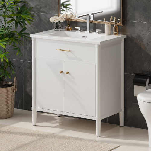 31" Bathroom Vanity with Sink, Bathroom Cabinet with Soft Close Doors and Adjustable Shelf, Curved Profile Design, Rubber Wood Legs, White