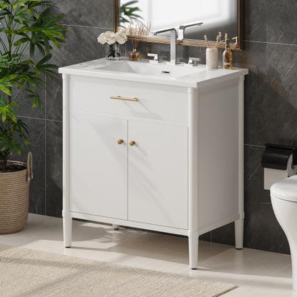31" Bathroom Vanity with Sink, Bathroom Cabinet with Soft Close Doors and Adjustable Shelf, Curved Profile Design, Rubber Wood Legs, White
