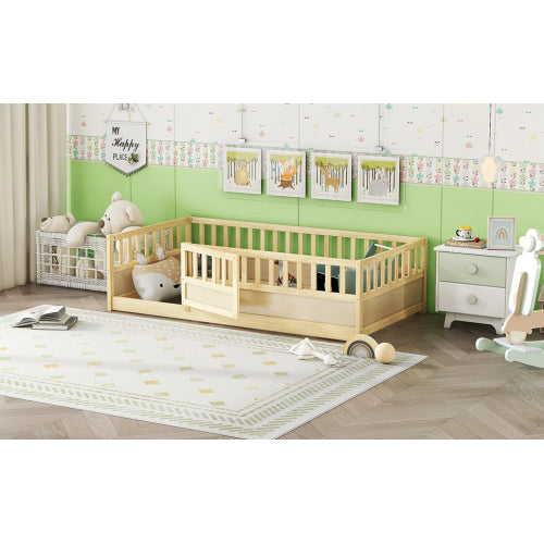 Twin Size Floor bed, integral construction with super high security barrier, door, children's floor bed frame, Montessori wooden children's floor bed,Natural Wood