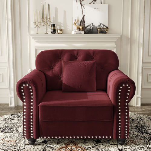 41.3 inch  Burgundy Velvet Mid-Century Sofa,Nailhead Trim & 1 Pillow