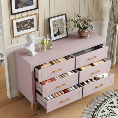 Pink 6-Drawer Solid Wood Frame Modern Bedroom Storage Dresser
