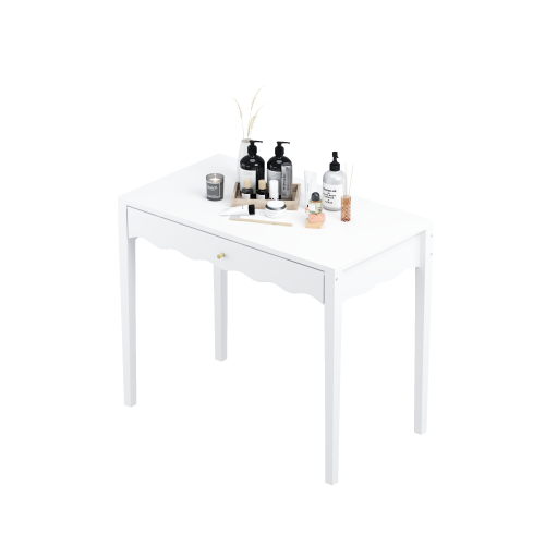 White 35.43inch  Vanity Desk with Drawer ¨C Modern Makeup Table with Scalloped Front & Gold Knob, Compact Writing Desk with 4 Sturdy Legs for Bedroom, Small Home Office & Apartment Spaces