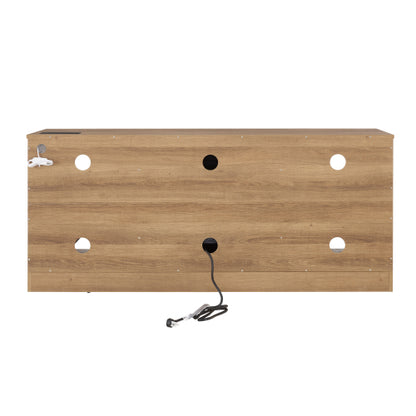 Oak 58 inch TV Stand with Electric Fireplace, LED Lights and Storage