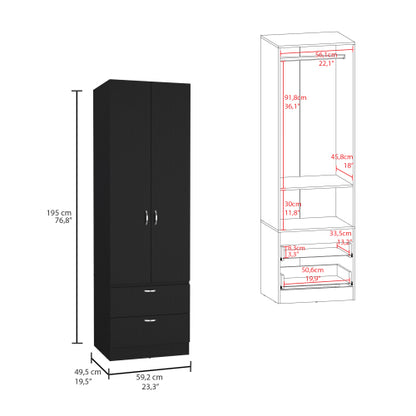 76 High Armoire Wardrove Closet with 2 Drawers, Double Door Cabinet , One Shelf and Hanging Rod, Bedroom Clothes Storage Cabinet Organizer