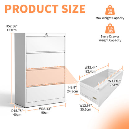 4-Drawer Heavy Duty Metal Lockable Lateral File Cabinet For Office