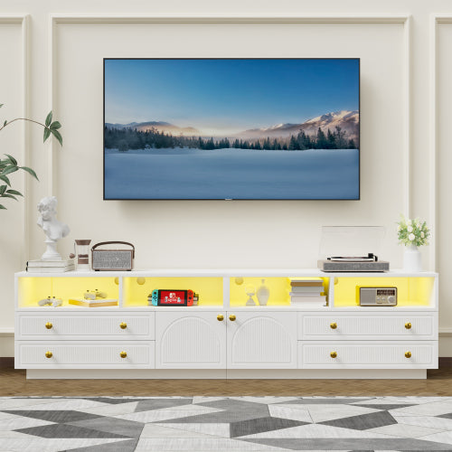White High Gloss TV Stand for 100 Inch Wall TV with RGB LED Lights & Multi Storage