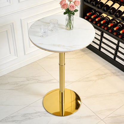 Rock slab circular tabletop non adjustable (39.5 inches high) bar table, bar table with gold legs and base (white+gold)