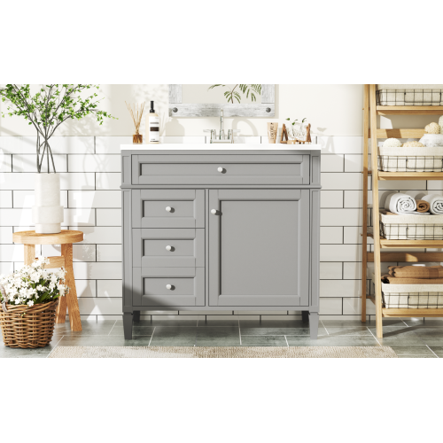 36'' Bathroom Vanity with Top Sink, Modern Bathroom Storage Cabinet with 2 Drawers and a Tip-out Drawer, Single Sink Bathroom Vanity