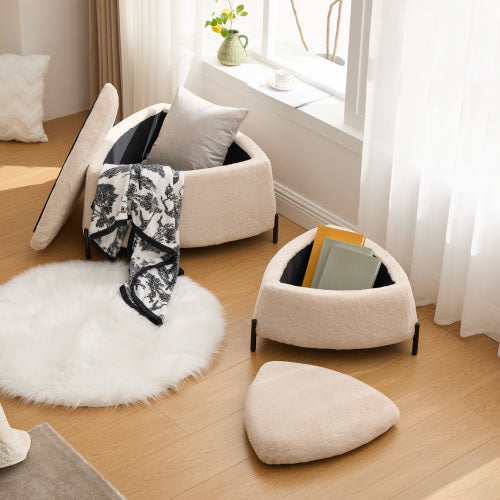 29.9 Inch Light Camel 2-Piece Nesting Faux Fur Storage Ottoman Set, Reversible Tray Lid Footstool with Metal Legs, 275 LBS