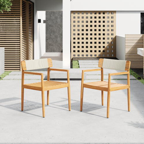 CREATIVE BRAIDED ACACIA WOOD OUTDOOR DINING TABLE AND CHAIRS WITH ARMRESTS, SUITABLE FOR OUTDOOR DINING AND LEISURE PLACES, TEAK LOOK & WHITE ROPE,SET OF 2