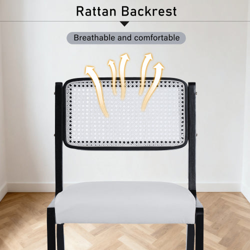 Set of 2 Modern Farmhouse Dining Chairs with Rattan Back, PU Leather Seat and Solid Wood Legs, Black