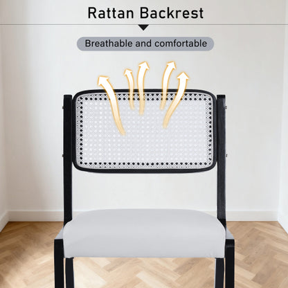 Set of 2 Modern Farmhouse Dining Chairs with Rattan Back, PU Leather Seat and Solid Wood Legs, Black