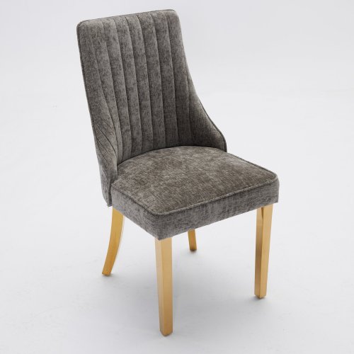 Set of 2 Gray Rayon Flocking Chenille Dining Chairs, High Back, Triple Elastic Cushion, Golden Plated Stainless Steel Legs