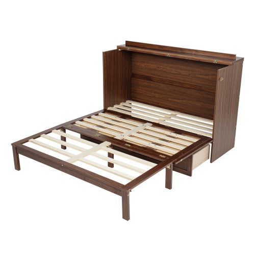 Queen Murphy Cabinet Bed with Charging Station Drawer and Rattan Panels Walnut