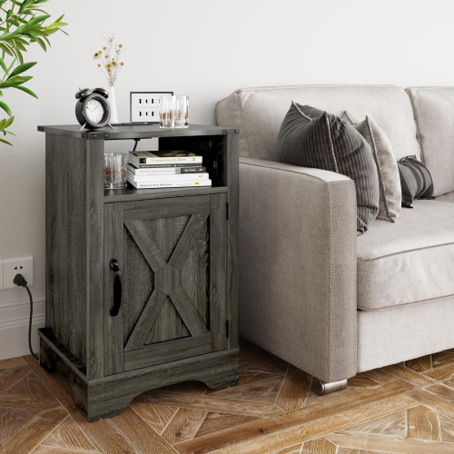 Farmhouse Nightstand with Charging Station, Rustic End Table with Storage Cabinet, Dark Grey
