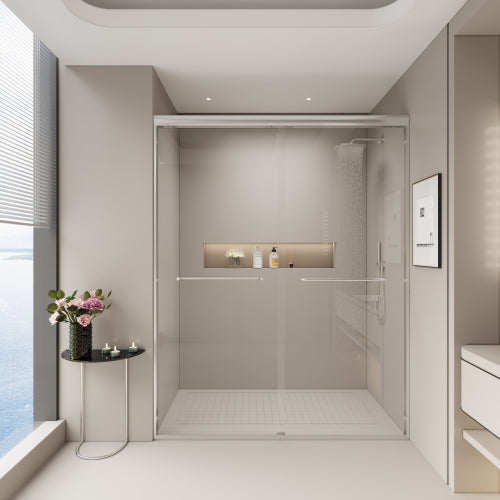 56-60 in. W x 72 in. H Double Sliding Shower Door, Semi-frameless Bypass Bathroom Sliding Door with 1/4" (6mm) Tempered Glass for Walk-in Shower, Chrome 24D03-60CX