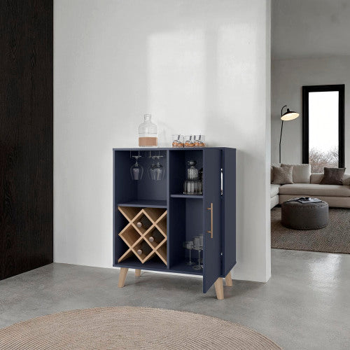 Bar Cabinet 38.6 inch H, 1 Door, 1 Drawer, 4 Shelves, Alby Blue / Natural Oak - Living Room
