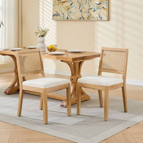 Set of 2 Beige Farmhouse Cane Rattan Dining Chairs, Distressed Solid Hardwood Frame Linen Upholstered Side Chairs 300 LBS Load