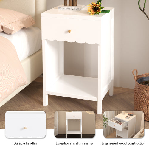 Modern White Nightstand with Drawer and Open Shelf,Scalloped Edge Bedside Table for Bedroom, Cute Minimalist Side Table for Kids Room or Girls' Room