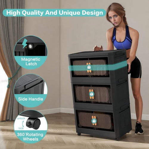 Folding Storage Cabinet with Wheels 5 Tier Collapsible Organizer Black