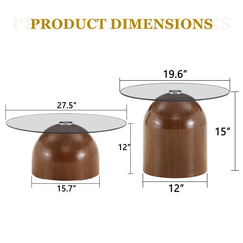 Set of 2 Walnut Nesting Glass Coffee Tables, Space-Saving Round Center Table