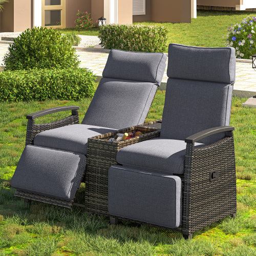 GO Patio Recliner Loveseat Chair, Adjustable Backrest Wicker Outdoor Lounge Chair Set with Acacia Wood Armrests and Built-in Storage Table for Balcony, Porch, Lawn, Gray