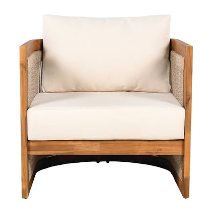 Premium Acacia Wood Outdoor Club Chair, Curved Tub Design with Woven Rope Accents, Water-Resistant Cushions, All-Weather Slat Construction