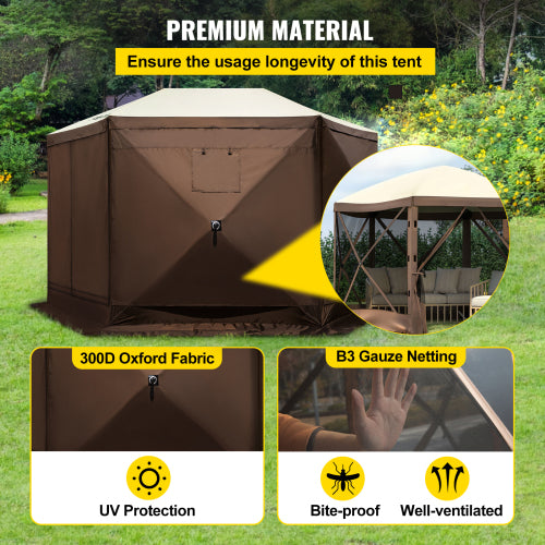 Camping Gazebo Tent, 10'x10', 6 Sided Pop-up Canopy Screen Tent for 8 Person Camping, Waterproof Screen Shelter w/Portable Storage Bag, Ground Stakes, Mesh Windows, Brown & Beige