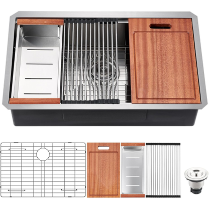 32 x 18 inch Undermount Workstation Sink, Stainless Steel Single Bowl Kitchen Sink 18 Gauge