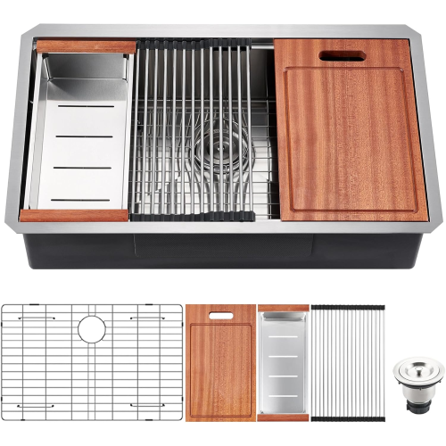 32 x 18 inch Undermount Workstation Sink, Stainless Steel Single Bowl Kitchen Sink 18 Gauge