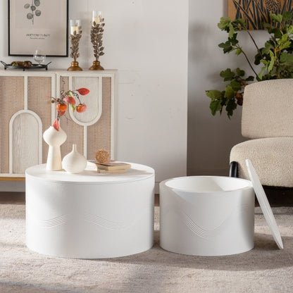 Set of 2 White Round Wavy MDF Coffee Tables with Hidden Storage, Fully Assembled for Living Room Bedroom