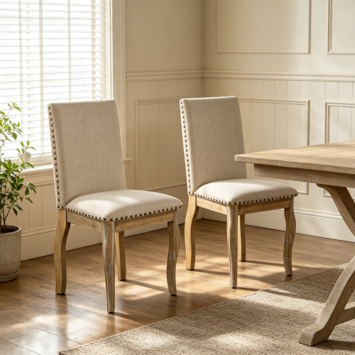Set of 2 Upholstered Dining Chairs with Rubber Wood Frame, Fabric Seat, Nailhead Detail, Natural Finish