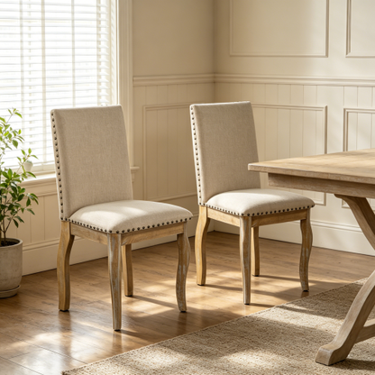 Set of 2 Upholstered Dining Chairs with Rubber Wood Frame, Fabric Seat, Nailhead Detail, Natural Finish
