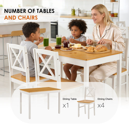 5-Piece Natural White Solid Rubberwood Dining Set, Space-Saving Table & 4 Chairs for Home & Restaurant